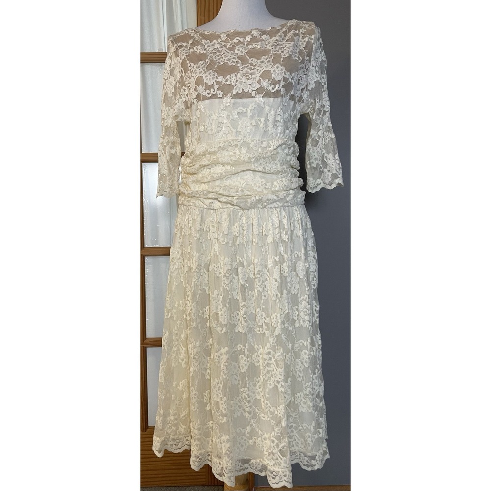 Vtg Kiyonna Floral Lace Formal Dress Womens 12 Ivory Ruched Fairy Romantic USA
